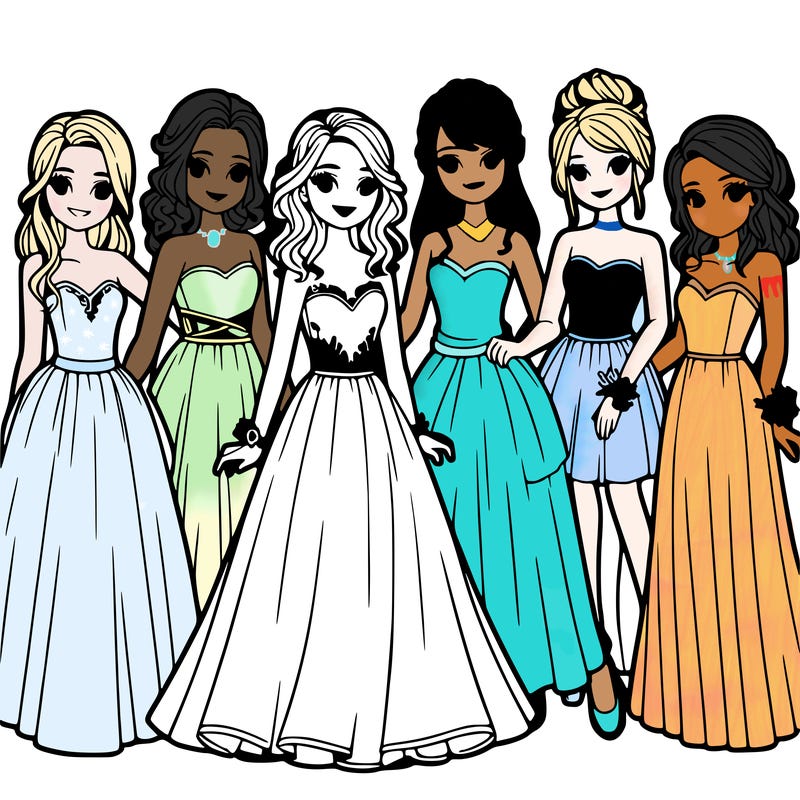 group of teenage girls in prom dresses
