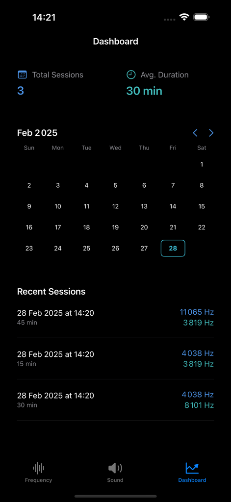 Dashboard of the Tinnitus Relief app showing session statistics, a monthly calendar, and a list of recent frequency therapy sessions.