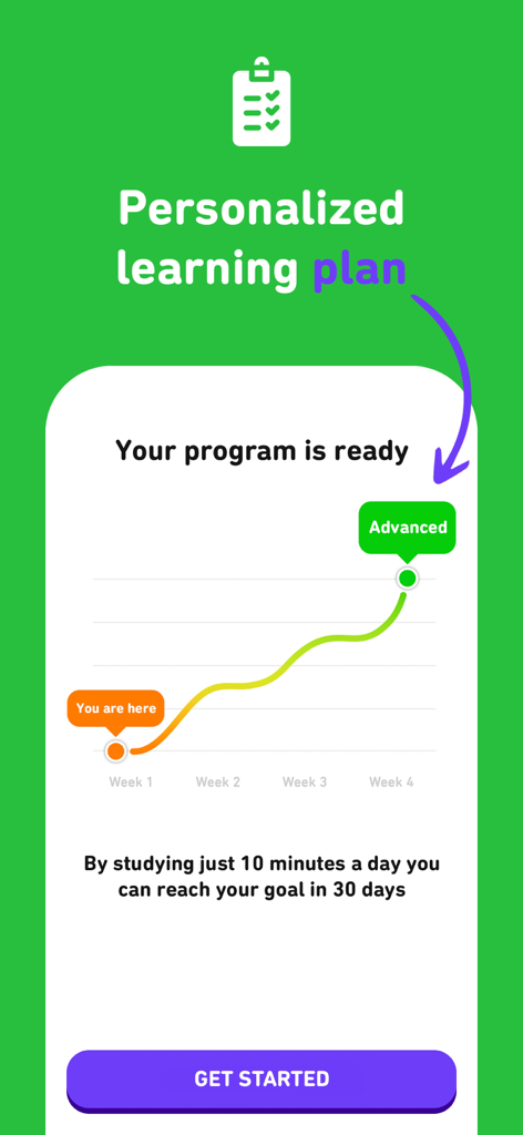 iSpeak app personalized learning plan showing a 30 day progress graph
