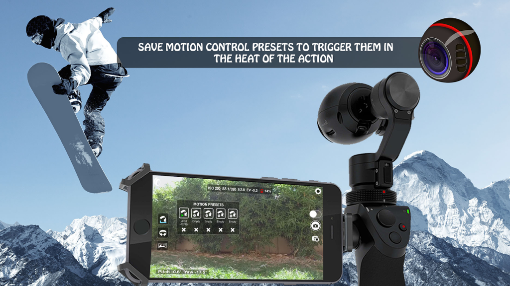 Interface de l'application Litchi montrant les préréglages de contrôle de mouvement pour une caméra DJI Osmo avec un snowboardeur en arrière-plan