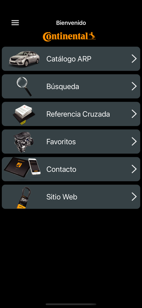 Hauptmenü der Continental Catálogo de Partes Elite App mit Navigationsoptionen für Suche und Kreuzreferenz.