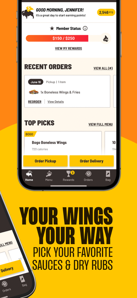 Pantalla de inicio de la aplicación Buffalo Wild Wings que muestra puntos de recompensa de miembros, pedidos recientes y ofertas de alitas BOGO.