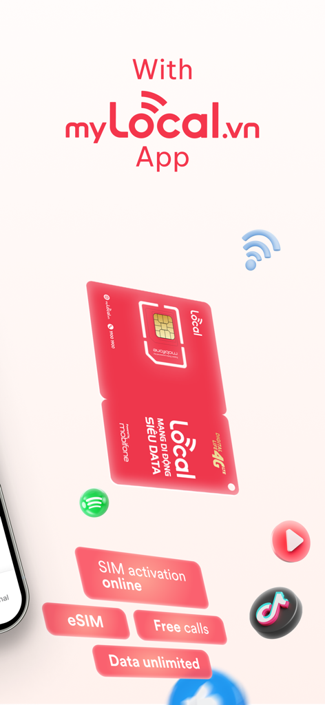 myLocal.vn - Interfaz de la aplicación móvil myLocal.vn destacando la activación de SIM online y las opciones de eSIM