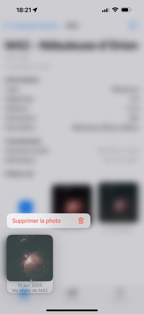 CatalogueMessier - Interfaz para gestionar y eliminar fotos de astrofotografía capturadas en la aplicación CatalogueMessier