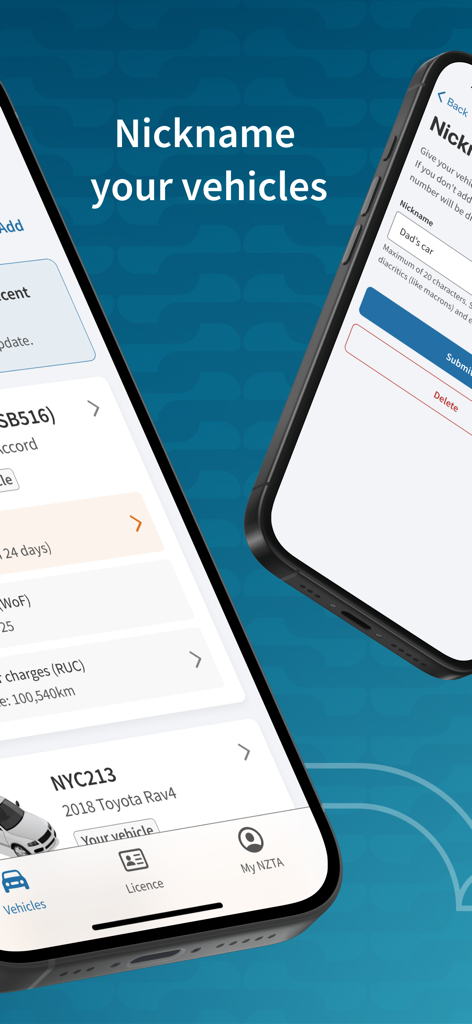 NZTA Waka Kotahi app screen for adding vehicle nicknames