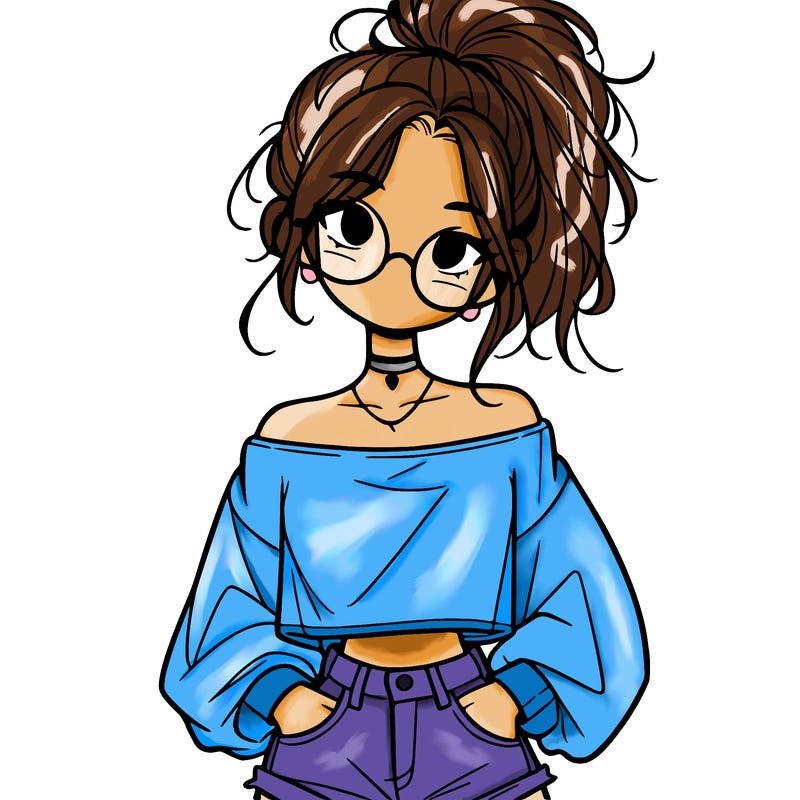 girl with a messy ponytail glasses a baggy crop top and jean shorts