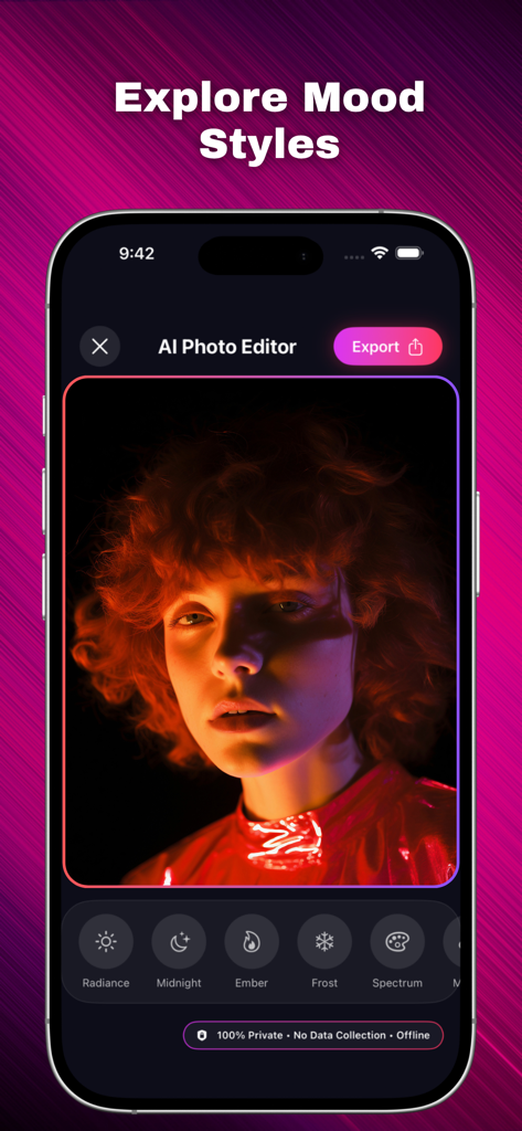 AI PHOTO EDITOR++++ - Un smartphone mostrando AI Photo Editor con varios filtros estéticos y una insignia de privacidad.