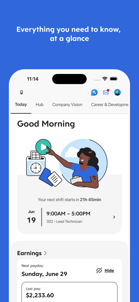 Une capture d'écran mobile de l'écran principal de l'application Dayforce, montrant les détails des prochains quarts et un résumé des gains récents.