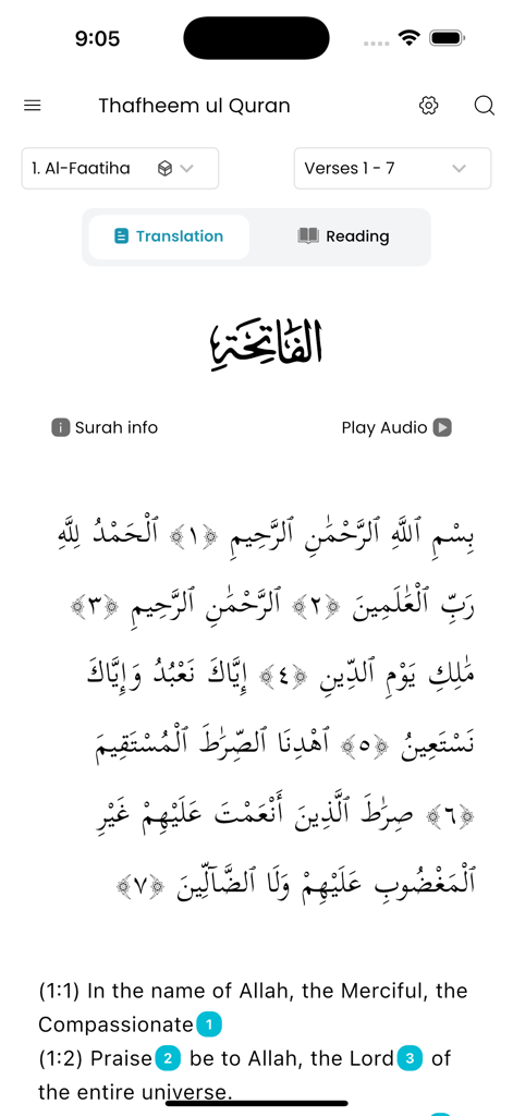 Thafheem ul Quran app interface showing Surah Al-Faatiha in Arabic and English