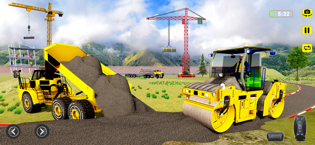 Yellow dumper truck and road roller at a construction site in a simulator game