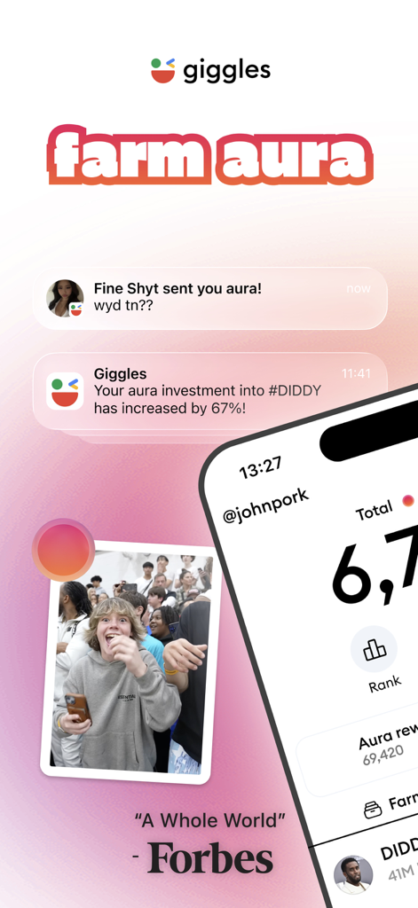 Giggles: go viral - Interfaccia dell'app Giggles che mostra notifiche sui punti aura e ricompense per contenuti meme virali