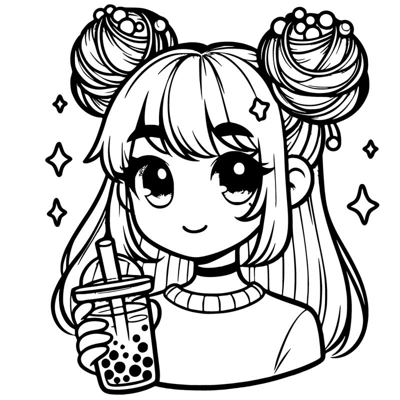 a realistic girl that has space buns and a boba tea