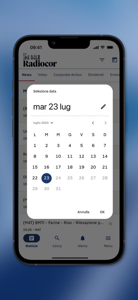24 Ore Radiocor - Calendar interface for selecting news by date in the 24 Ore Radiocor app