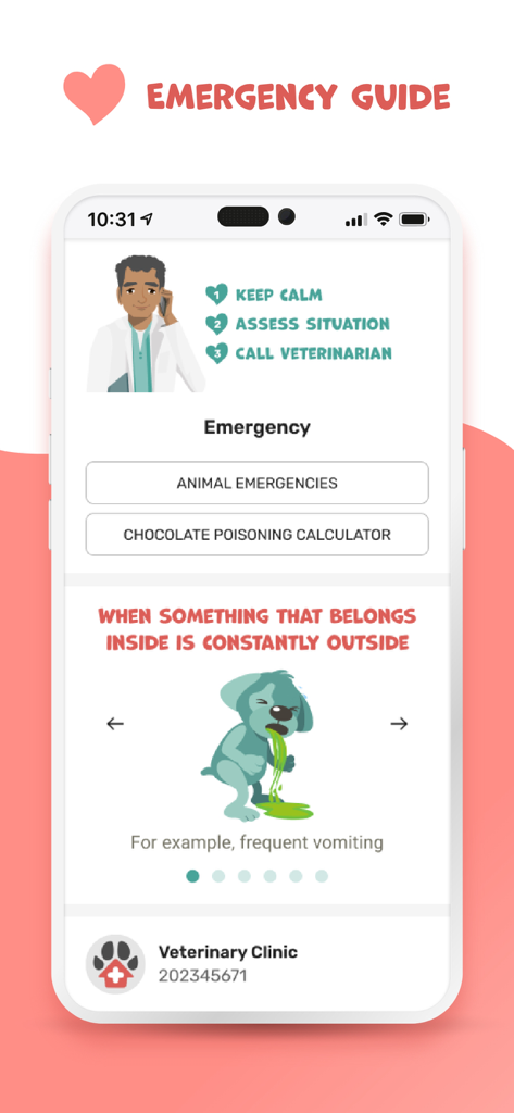 Bildschirm des Notfallleitfadens in der petsXL-App mit Erste-Hilfe-Schritten für Haustiere und einem Rechner für Schokoladenvergiftung.
