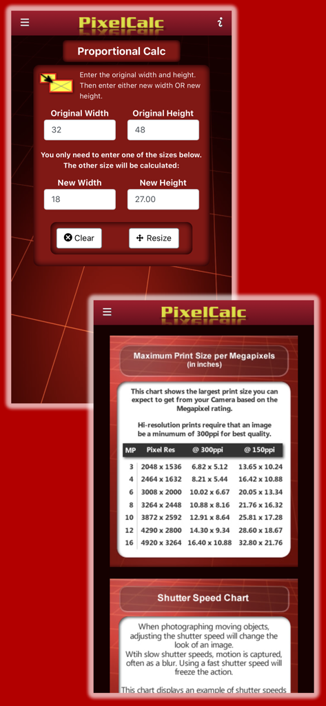 PixelCalc - PixelCalc app interface showing proportional image calculator and print size reference charts