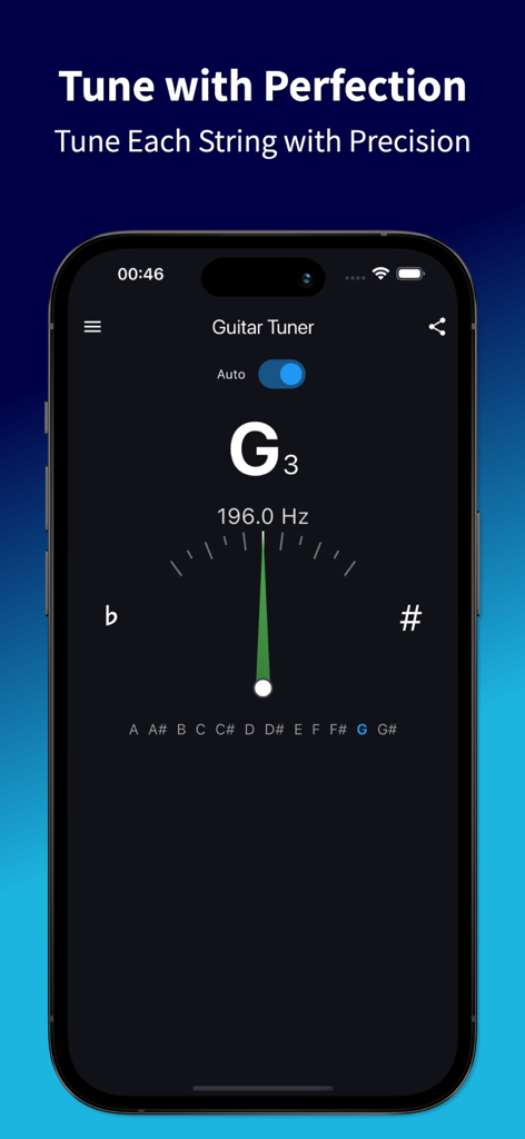 Guitar Tuner Online - Interfaz de la aplicación Guitar Tuner Online que muestra una aguja de afinación verde centrada en la nota G3 para una afinación precisa.