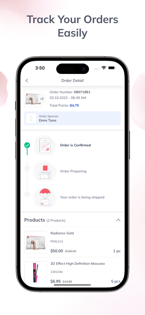 Mobile app screen showing order details and status tracking for beauty products in the Farmasi International app