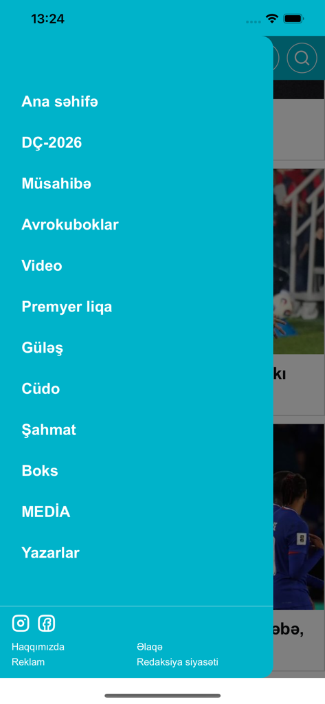 Navigation sidebar of the QOL.az sports news app displaying categories in Azerbaijani such as football, wrestling, and judo.