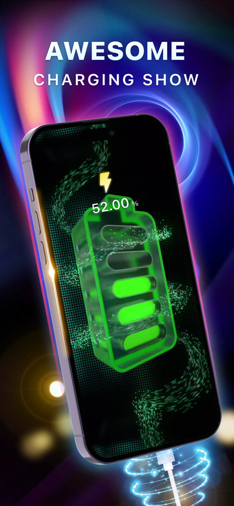 Magic Charger-Charge Animation - Smartphone screen featuring a vivid 3D battery charging animation with neon lights.
