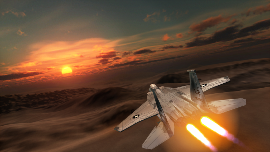 Air Strike Plane Combat Storm - A 3D fighter jet flying over a desert landscape at sunset in Air Strike Plane Combat Storm.