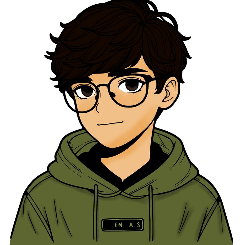 realistic boy with glasses and a hoodie that say “essentials”