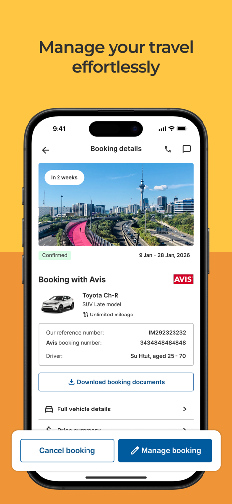 Toyota Ch-R SUV에 대한 Avis 예약 세부 정보를 보여주는 공항 렌터카 앱 모바일 화면