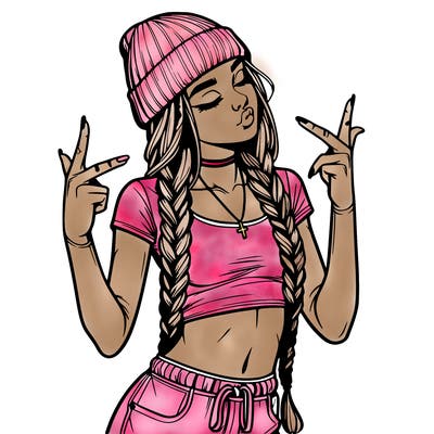 realistic teenage girl with braids and a beanie and crop top doing 🫶🏼