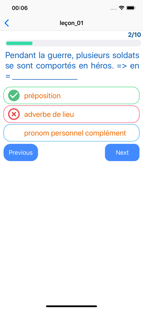 French Grammar Test - A multiple-choice grammar question in the French Grammar Test app identifying parts of speech in a sentence.