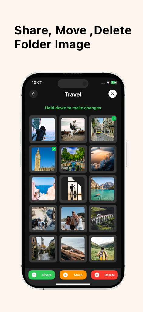 Multi Messenger : Whatify - Smartphone screen showing photo folder management with share move and delete options in the Whatify app