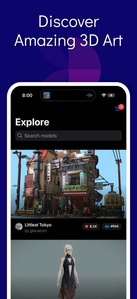 Fab3D app interface showing the explore screen with various 3D models to discover