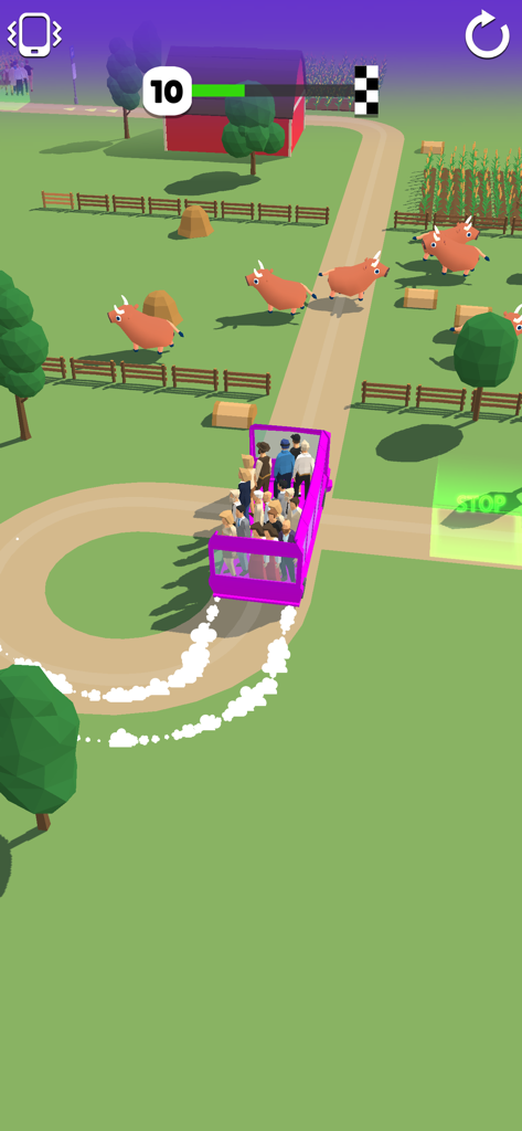 Bus Arrival 3D - A purple bus carrying passengers through a farm field with cows in Bus Arrival 3D.