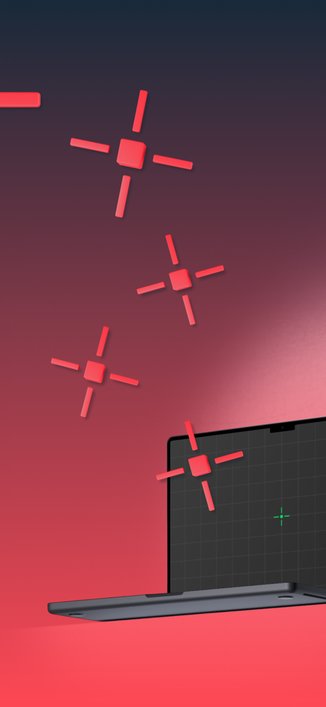 Valo AIM - Custom Crosshair X - Graphic showing multiple custom red crosshairs over a laptop screen with a green crosshair