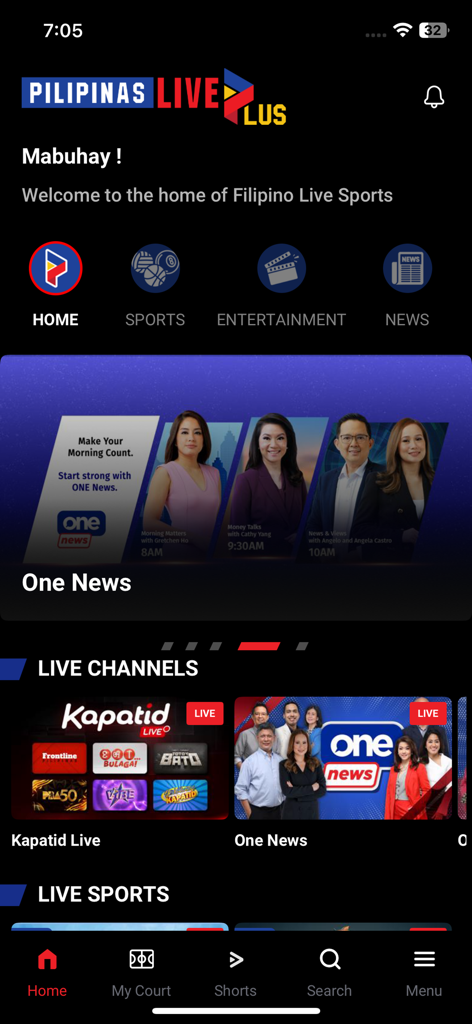 Pilipinas Live Plus - Ecrã inicial da aplicação Pilipinas Live Plus exibindo secções para desportos ao vivo, entretenimento e canais de notícias filipinos.