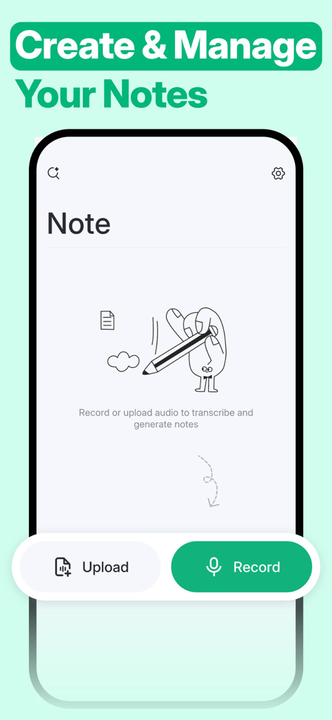 AI Notes Voice to Text, Renote - Interfaz de la aplicación Renote para crear y administrar notas con opciones de carga y grabación