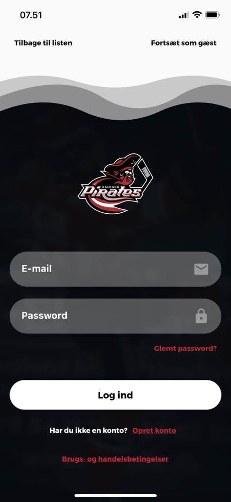 Metal Ligaen - Login screen for the Aalborg Pirates team on the Metal Ligaen app