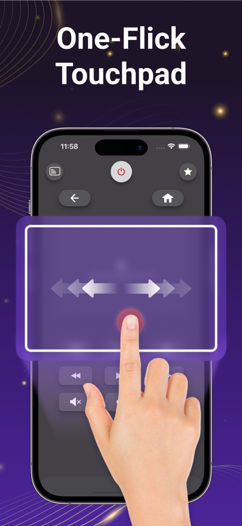 Remote for Roku TV App - Uma mão usando o recurso de touchpad one flick na interface do aplicativo de controle remoto Roku
