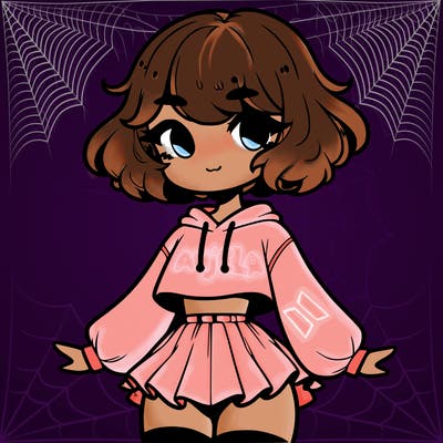 cute femboy with short, fluffy hair that softly frames their face, wearing a cropped hoodie, paired with a flouncy short skirt, and thigh-high stockings