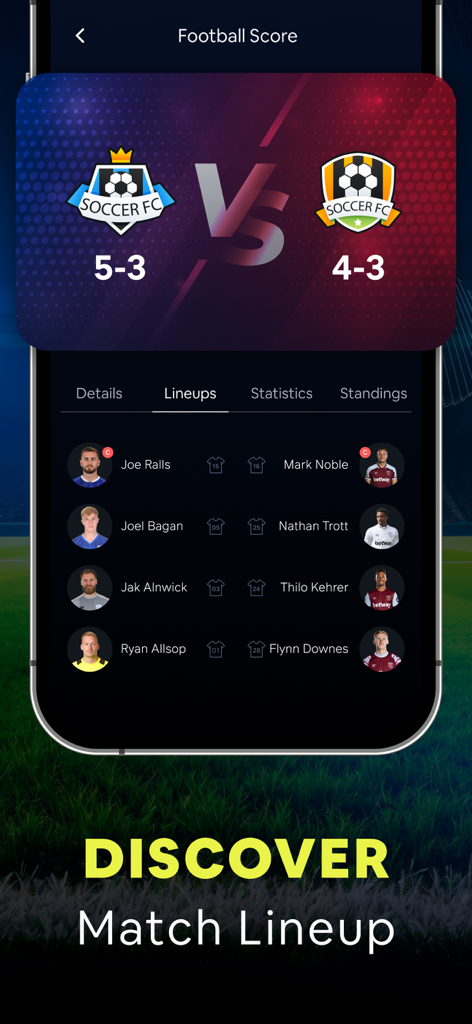Live Football TV : HD TV Score - Mobile app screen showing football match lineups with player names and headshots