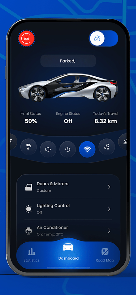 Cartube Plus - Sync Car & Play - Cartube Plus app dashboard showing vehicle status fuel levels and remote car controls