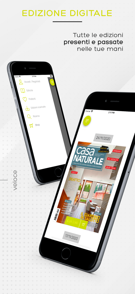 Casa Naturale Edicola Digitale - Telas de smartphone exibindo o menu da revista digital Casa Naturale e uma capa de revista sobre design de casas ecológicas.