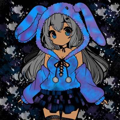 pretty anime girl wearing a fluffy hoodie with bunny ears on the hood and a skirt