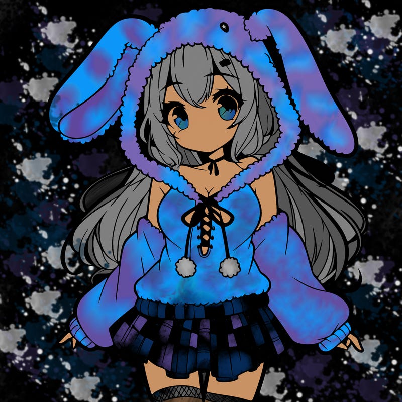 pretty anime girl wearing a fluffy hoodie with bunny ears on the hood and a skirt
