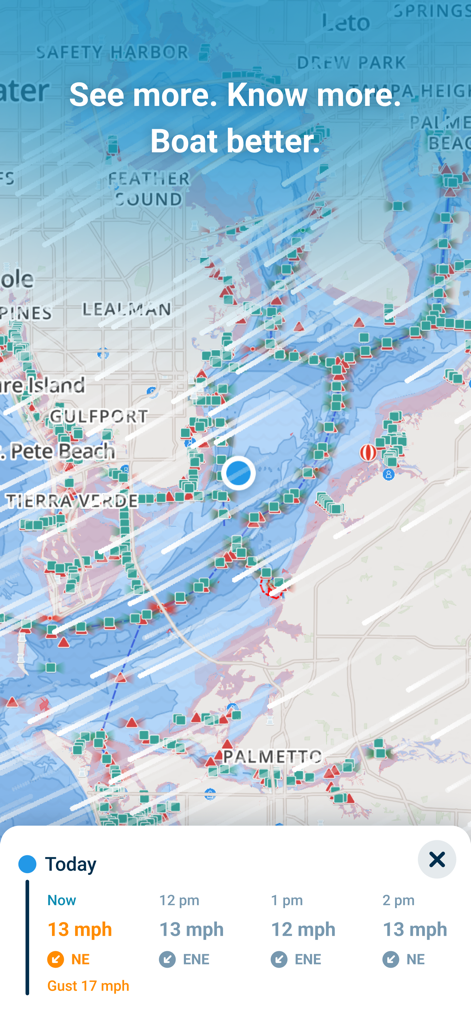 Wavve Boating: Marine Boat GPS - Wavve Boating app interface showing a marine navigation map with a real-time wind speed and weather forecast panel.