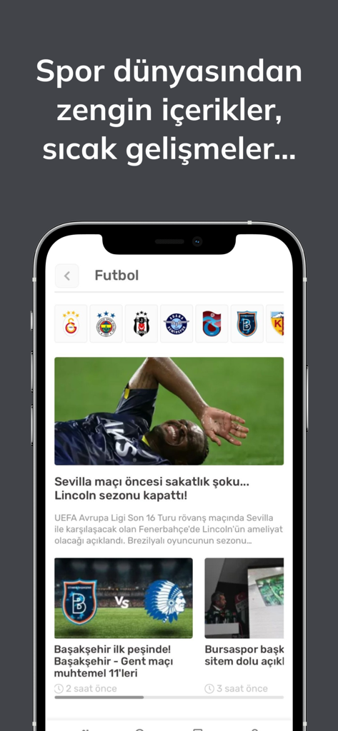 İHA Mobile - Screenshot of the İHA Mobile app sports section featuring Turkish football news and club logos