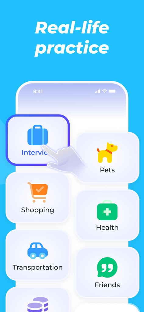 Mobile screen showing real life English conversation categories including job interviews shopping and health