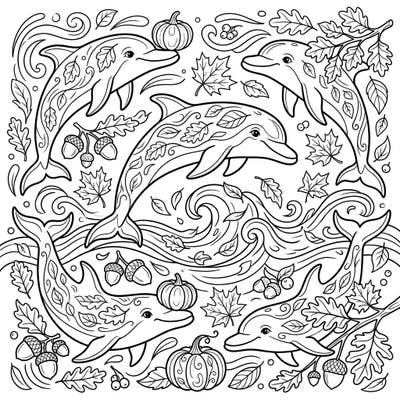 Immerse yourself in the enchanting beauty of autumn with this unique bottlenose dolphins coloring page. Featuring intelligent dolphins gracefully swimming amidst a bounty of fall leaves, pumpkins, and acorns, it's a delightful seasonal journey for your creativity.