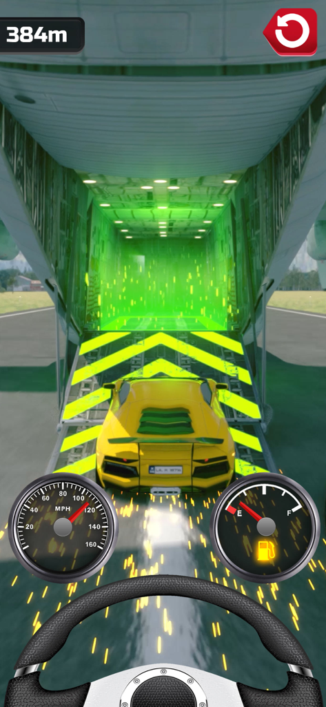 A yellow sports car driving into the open cargo bay of an airplane in Plane Chase