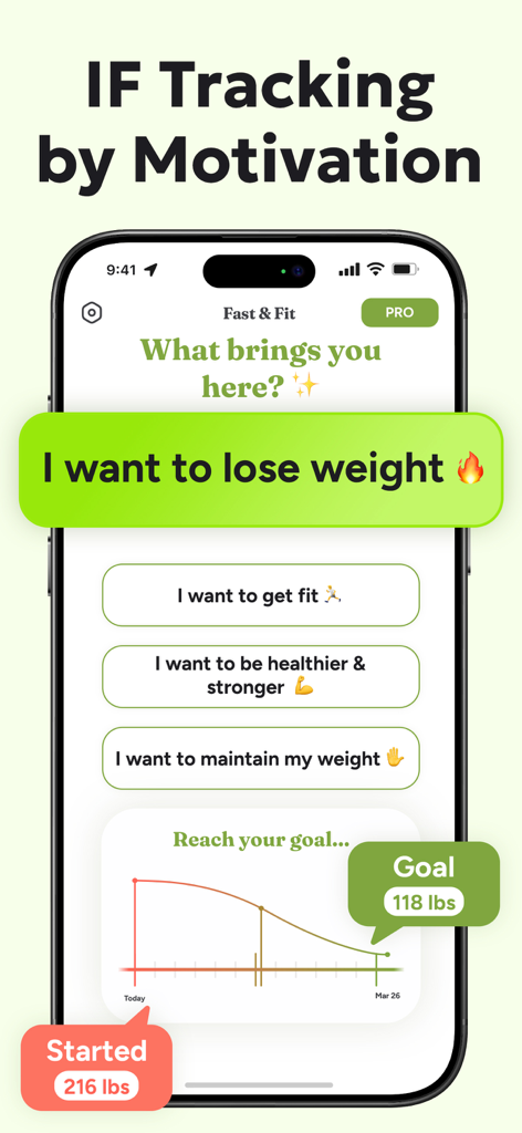 Pantalla de la app Fast and Fit mostrando la selección de objetivos de pérdida de peso y gráfico de progreso