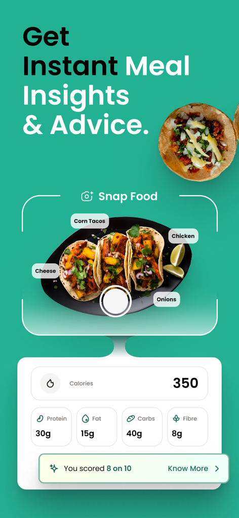 Healthify app showing AI food recognition of corn tacos with instant calorie and macro breakdown