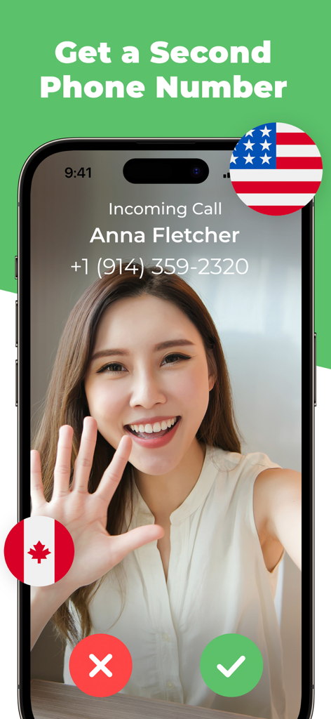 OnPhone - Second Phone Number - OnPhoneセカンド電話番号アプリでの着信を示すスマートフォンスクリーン